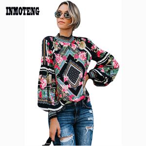 Black Gothic Red Rose Bohemian Floral Print Smocked Neckline Bishop Long Sleeve Blouse Women Leopard Plus Size Xxl Blouse Tops Y190427