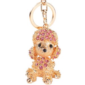 Gold Plated Keyring Chains Poodle Teddy Dog Key Rings Austrian Crystal Fashion Cute Animal Pendant Bag Charms Jewelry Women Men Car Keychain