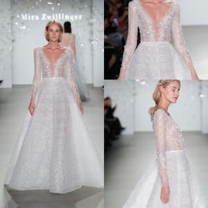 Os mais recentes Mira Zwillinger A Line Wedding Dresses V Neck manga comprida Sequins Ruched vestido de casamento de trem da varredura robe de mariée