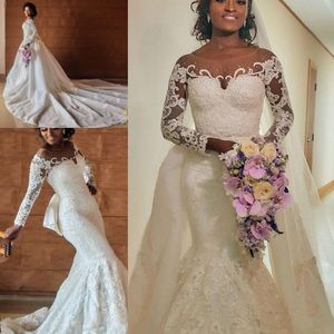 New Hot Arabic Mermaid Wedding Dresses Sheer Jewel Neck Lace Appliques Long Sleeves With Overskirts Sweep Train Plus Size Bridal Gowns