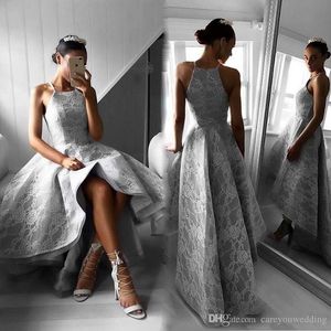 2019 ny elegant silver hi-lo a line prom klänningar juvel nacke ärmlös spets applique backless långa formella kväll fest klänningar anpassade