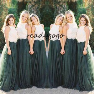 Wholesale toned bridesmaid dresses for sale - Group buy Two Tone Country Long Bridesmaid Dresses Jewel Neck Hunter Green Lace Tulle Bohemian Junior Maid Of Honor Wedding Guest Gown