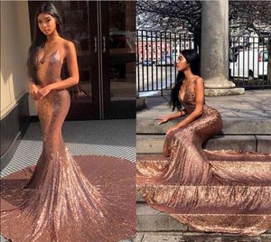 Rose Gold Sequins Mermaid Prom Dresses Black Girls Sexy Backless Pageant Gowns 2019 Spaghetti Strap African Party Long Prom Gowns Vestidos