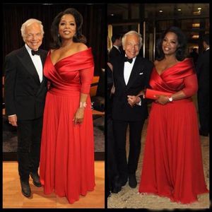 2022 Oprah Winfrey Off Shoulder Plus Size Evening Dresses 3/4 Long Sleeve Ruched Red Chiffon Prom Dress Mother of Bride Dresses