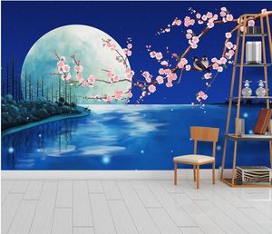 美しい風景の壁紙ファンタジーブルーの月明かりの花と鳥の梅の背景の壁の装飾絵画