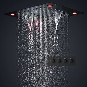 Black Shower Set Luxurious Bath System Large Rain Waterfall Concealed LED ShowerHead 600x800mm With Thermostatic Shower Faucets