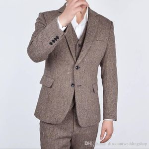 New Arrival Steel Tweed Fabric Groom Tuxedos Notch Lapel Man Work Suit Wedding Blazer Party Business Suits (Jacket+Pants+Vest+Tie) J723