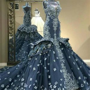 2020 пользовательские Русалка вечерние платья кружева 3D цветочные аппликации платья выпускного вечера многоуровневые юбки формальный халат de soiree