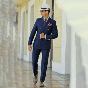 Nuovo popolare doppio petto blu navy da uomo abiti da uomo con risvolto a punta due pezzi smoking da sposo (giacca + pantaloni + cravatta) W1249