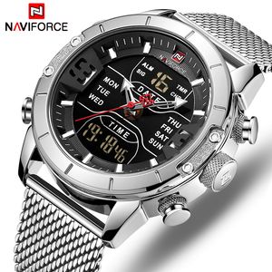 남성 시계 Naviforce 럭셔리 브랜드 남성 패션 스포츠 시계 전체 스틸 방수 쿼츠 손목 시계 군사 LED 디지털 시계