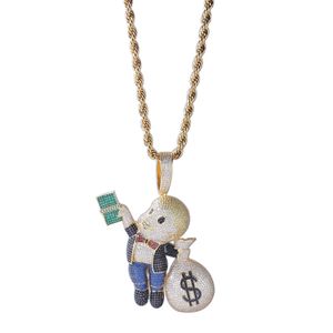 Iced Out Money Bags Little Boy XL Large Pendant Necklace Micro Paved Zircon with Big Hook Charm Bling Men Jewelry