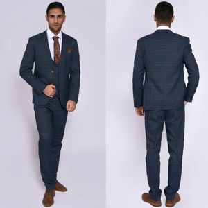 Navy Tweed Plaid Mens Bröllop Tuxedos Groom Notch Lapel Skräddarsydda Anpassade Byxor Passar Formella Män Använd kläder Jackor