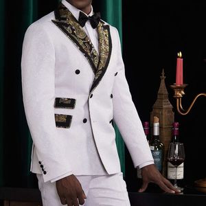 Mode Elfenbein Präge Bräutigam Smoking Zweireiher Trauzeugen Hochzeit Smoking Männer Formelle Blazer Prom Jacke Anzug (Jacke + Hose + Krawatte) 623