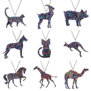 Colorful Double Side Acrylic Printing Cat Dog Dragon horse Camel Pendant Necklace For Women Costume Sweater Chain Handmade animal Jewelry