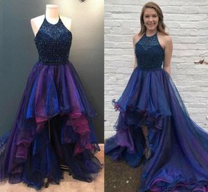 2020 Niebieski Wysoki Niski Prom Dresses Sexy Halter Zroszony Top Organza Sweep Pociąg Linia Wieczorna Party Suknie Formalna okazja Nosić Custom Made