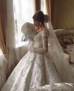 2019 Elegant Long Sleeves Ball Gown Wedding Dresses V Neck Lace Applique Sequins Crystal Beading Custom Made Chapel Wedding Bridal317q