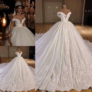 Zuhair Murad Luxury Lace Ball Gown Wedding Dresses Custom Made Court Train Bröllopsklänning Applique Off Shoulder Mellanöstern Bridal Dress 4482