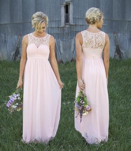 Pink Sheer Crew Lace Neck Chiffon Bridesmaid Dresses Illusion Back Country Style Maternity Long Maid Of Honor Dresses HY0262