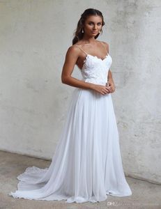 Modern Sexy Beach Prom Dresses Long Chiffon Spaghetti Straps Bridal Gowns Backless Lace Appliqued Sheath Party Gowns DH4094