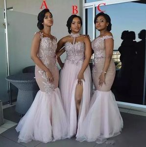 2020 Dusty Pink Mixed Style Mermaid Bridesmaid Dresses Off Shoulder Lace Appliques High Split Tulle Floor Length Halter Maid of Honor Gowns