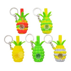 Pineapple Silicone Glass Water Bong Smoking Pipe Portable Smoke Pipes Glass Bowl Oil Burner Wax Rig 71mm Tobacco Hookah With Keychain SP234