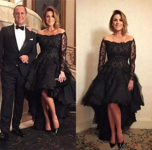 Sexy Black Lace Appliques A-Line Evening Dresses Off Shoulders Long Sleeves Beaded High Low Formal Gowns Prom Gown