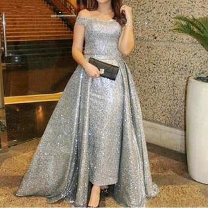 Silver Sequined Overskirts Evening Dress African Formal Wear Off Shoulder Capped Plus Size prom Dress Pleats Mother Of The Bride Gowns