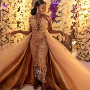 Afrikanska Långärmad Overskirts Prom Klänningar 3D Appliques Lace Appliqued Sheer Neckline Mermaid Evening Gowns Black Girls Party Dress
