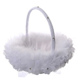 White Ostrich Feather Flower Girl Basket Elegant Lace Rhinestone Bridal Flower Basket Wedding Favors Wedding Accessories