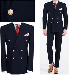Custom Big Skinny Men Suit Slim Fit Men Bröllop Passar Navy Blå Peaked Lapel Dubbelbröst Formella Män Passar 2 Piece Groom Suit T200303