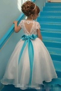 White Flower Girls Dresses with Light Blue Bow Organza Jewel Neck Short Sleeves Lace Applique Illusion Back Princess Pageant Gown