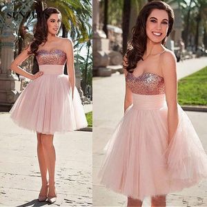 Rose Gold Sequins Sweetheart Short Prom Klänning med Puffy Light Pink Tulle Skirt Party Gowns for Girls Homecoming Gowns