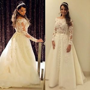 Elegant Princess Wedding Gowns With Long Sleeve A-line Tulle Appliqued Lace Sheer Vintage Wedding Dresses Robe De Mariee Plus Size