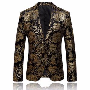 Gold Blazer Men Floral Support Slim Blazers Прибытие Мода Вечеринка Одноборотный мужской Костюм Куртка Плюс Размер Blazer Masculino