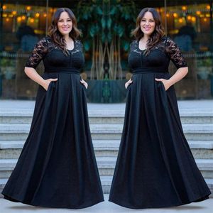 Black Plus Size Occasion Prom Dresses with Sleeve Lace Stain Pocket Design Full length Women Formal Evening Wear Dress SD3447