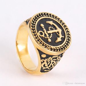 Fashion Men Gold Black Mens Rings Stainless Steel Vintage Anchor Signet Ring for Men Boy Punk Party Bike Fashion Jewelry