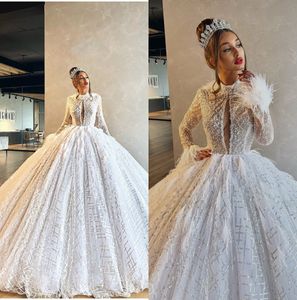 Luxury Beaded Embroidery Ball Gown Wedding Dresses Princess Gown Long Length Floor Length High Neck Cathedral Train Bridal Gowns