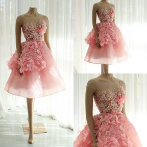 Rosa A-Linie-Abendkleider, durchscheinend, ärmellos, Tüll, handgefertigt, Blumen-Perlen-Abschlussballkleid, knielang, formelles Partykleid, günstig