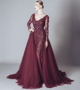 Elegant Backless Burgundy Lace Formal Celebrity Evening Dresses V Neck Long Sleeves Middle East Arabic Prom Party Gowns HH277