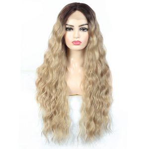 Parrucche frontali in pizzo biondo Ombre Dark Roots per donna 13*4 capelli sintetici ondulati lunghi con riga centrale dall'aspetto naturale