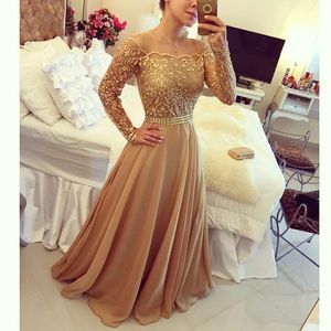 Goldene schulter elegante abend kleider lange ärme chiffon bodenlange Perlen Taille formelle Prom -Party -Kleid Spitze Mitte gemacht