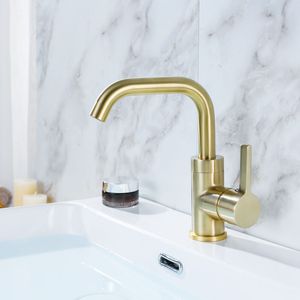 Brushed Gold and Black Brass Bathroom Basin Faucet Rotatable Water Mixer Tap Single Holder Deck Mounted