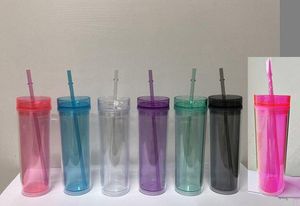 16ozクラシックアクリルスキニータンブラーアクリルタンブラー6色オプション再利用可能なふたとわらを持つ二重壁パーソナライズされたプラスチックタンブラー