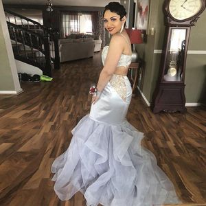 Wholesale sliver prom dresses resale online - Sexy Custom Made Sliver Mermaid Prom Dresses Spaghetti Straps Lace Appliques South African Party Dresses Evening Gowns