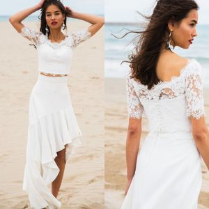 Modest Dois Peice vestidos de casamento Tiers Jewel manga curta apliques de cetim vestidos de casamento até o chão Vestidos De Novia