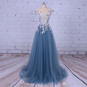 Abito da sera da donna Scollato a trapezio decorato con fiori Abito da cerimonia blu in tulle per la laurea vestido de festa 2019272I