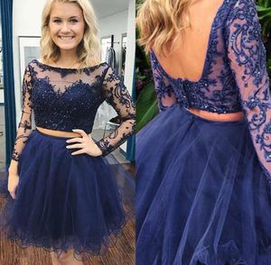 Royal Blue Short Prom Dresses Two Piece Lace Applique Scoop Neck A Line Long Illusion Sleeves Evening Party Gowns Formal OCN Wear
