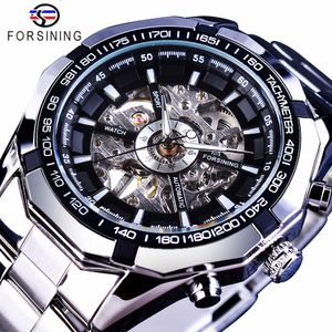 Forsining 2017 Silber Edelstahl Wasserdicht Herren Skeleton Uhren Top-marke Luxus Transparente Mechanische Männliche Armbanduhr Y19061905