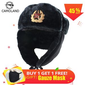 Sowjetische Armee Militärabzeichen Russland Ushanka Bomber Hüte Pilot Trapper Trooper Hut Winter Faux Kaninchenfell Ohrenklappe Männer Schneekappen D19011503