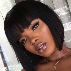 Bob Parykar med Bangs Kort hår 10-12inch Full Lace Wig Front Virgin HumanHair Cuticle Airthed High Quality